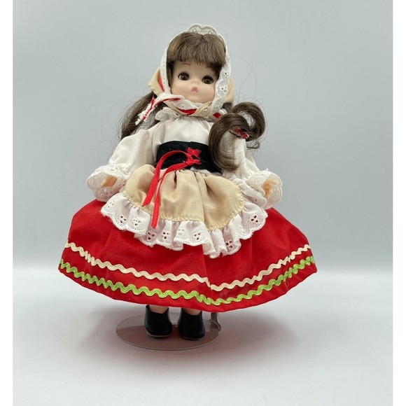 Effanbee Girl 8" Brunette Doll in Red Dress & White Apron -Peticoat Shoes Tights - Picture 1 of 16